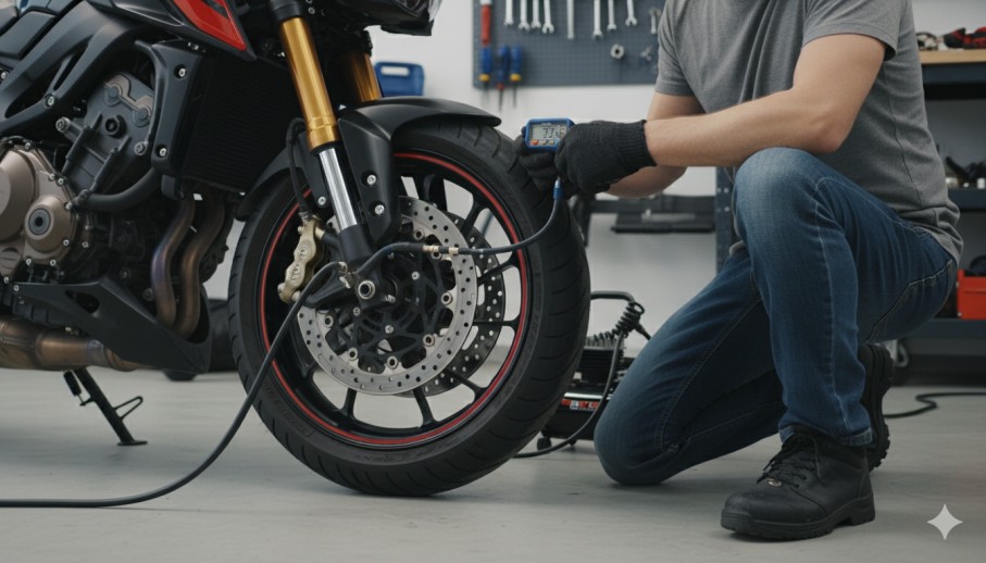 A Person Checking Tyre Pressure