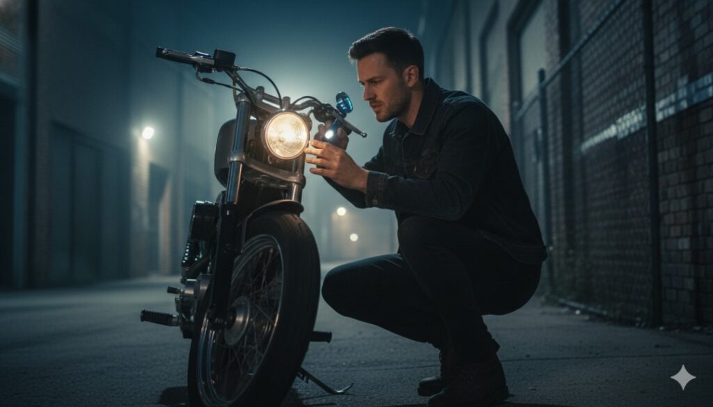 A Person Checking On Bike Headlight